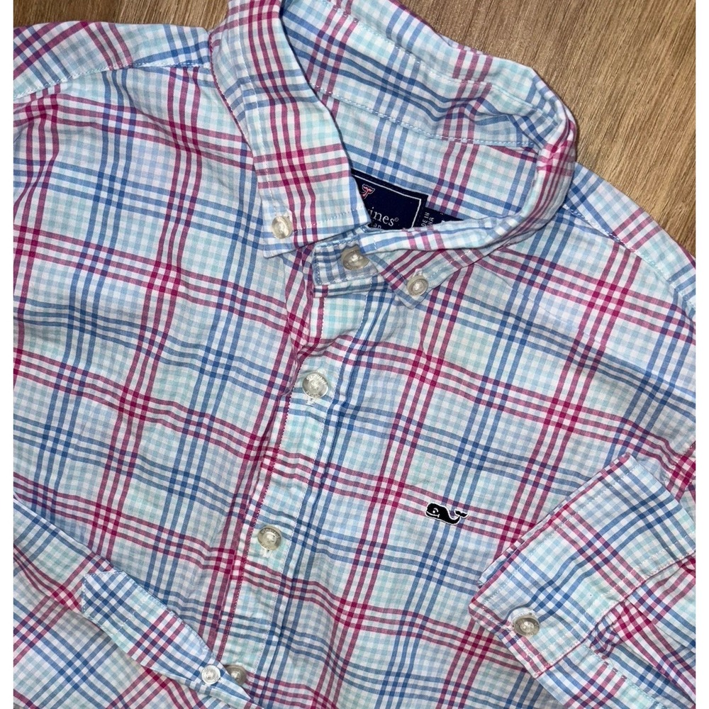 Vineyard Vines Whale Shirt Youth Medium 12-14 Plaid Check Button Down Blue Pink